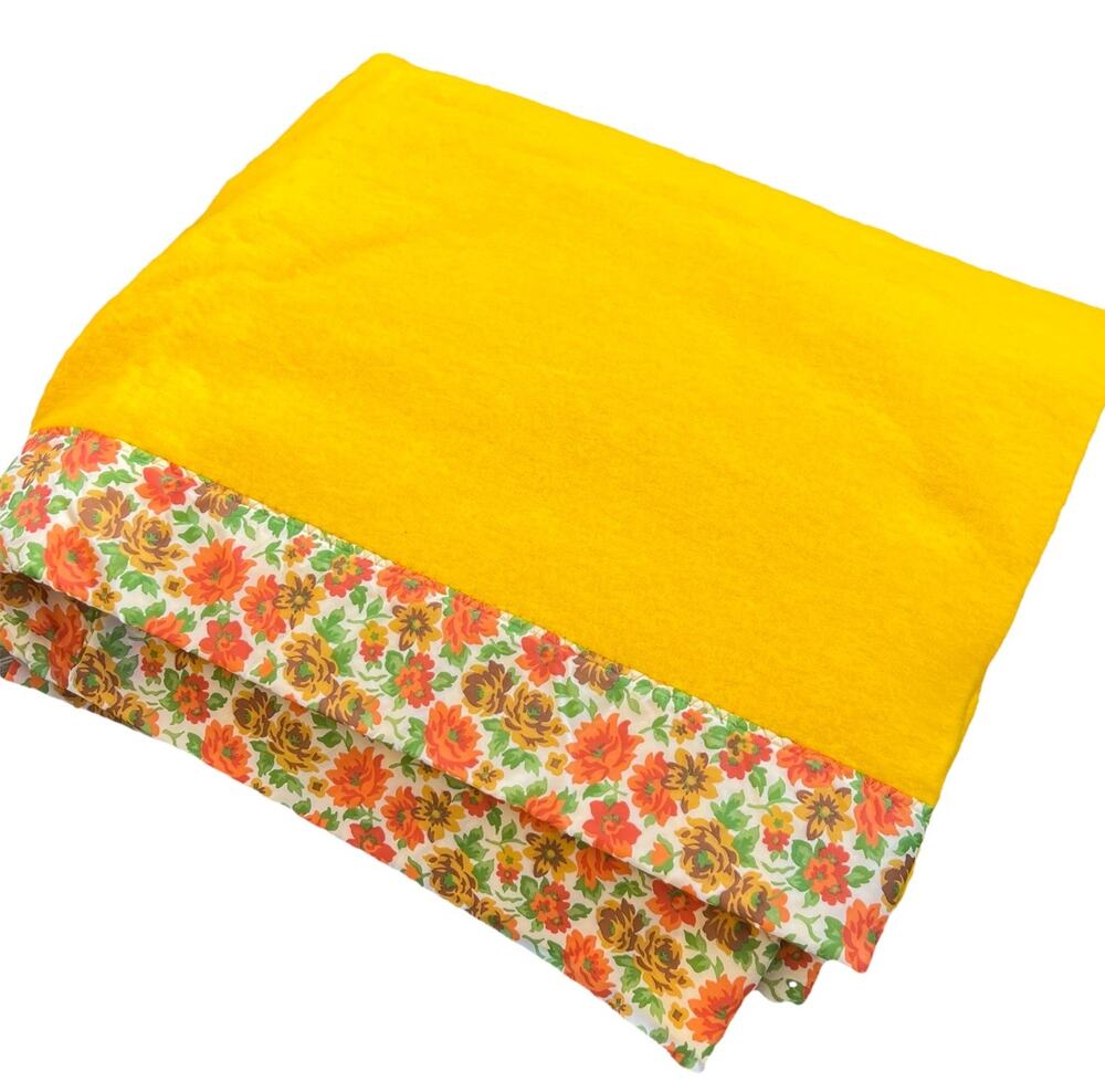 Vintage Mustard Gold Yellow Floral Satin Trim Acrylic Blanket TWIN Full 72x90"